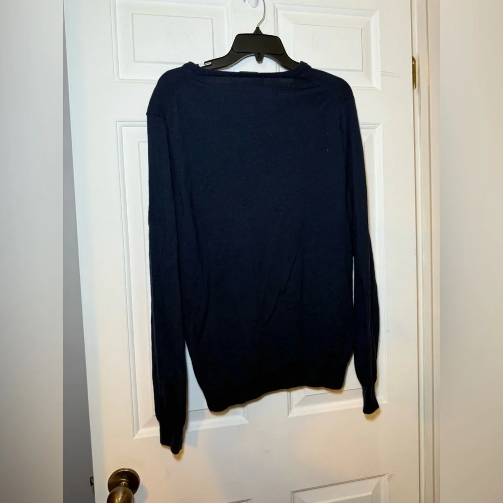 J Crew Mens Large 100% Merino Wool Sweater Navy V-Neck Lightweight Classic slim